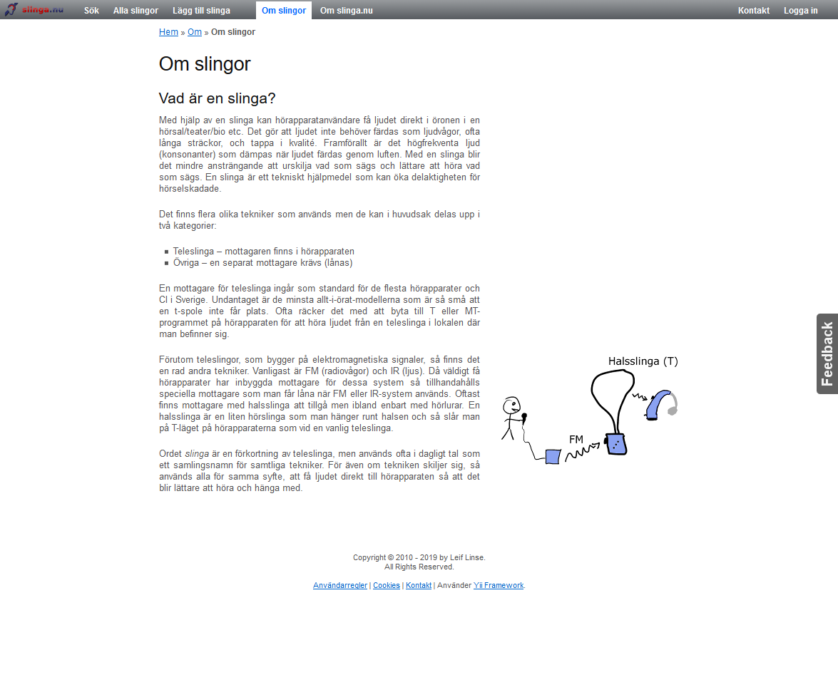 Skärmbild av informationssida om slingor